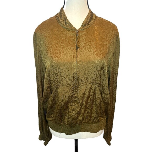 Anthropologie Maeve Satin OLIVE GREEN Bomber Jacket Full-Zip Smocked-Trim Sz Med - Picture 1 of 7